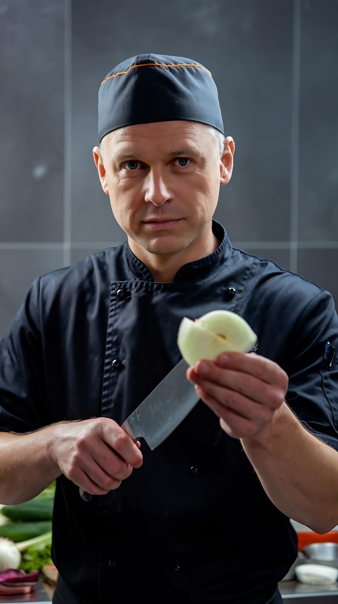 Portret kucharza z nożem kuchennym